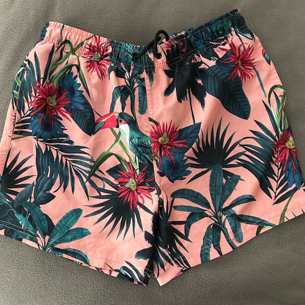 Men’s Primark Tropical Toucan Swim Trunks Size Small | Pink Floral Beach Shorts